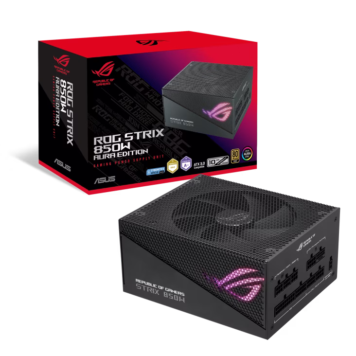 ROG STRIX 850W Aura Edition ATX Power Supply Unit, 80 PLUS Gold Certification, Full Modular, 135mm Axial-tech Fan, 0dB Technology, PCIe Gen 5.0, ARGB Lighting, Black | 90YE00P2-B0NA00 thumbnail 4
