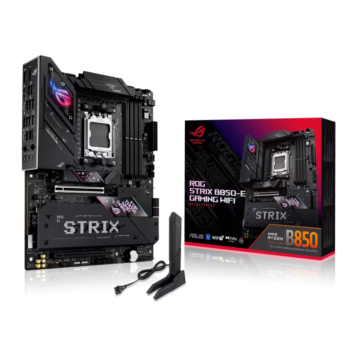 ASUS ROG Strix B850-E Gaming WiFi AMD AM5 B850 ATX Motherboard 16+2+2 Stages, Dynamic OC, Core Flex, DDR5 w/AEMP, WiFi 7, 5X M.2, 5G LAN, PCIe 5.0, USB4, USB 20Gbps Type-C, AI OC, AI Networking | 90MB1J60-M0EAY0 – Buy Online