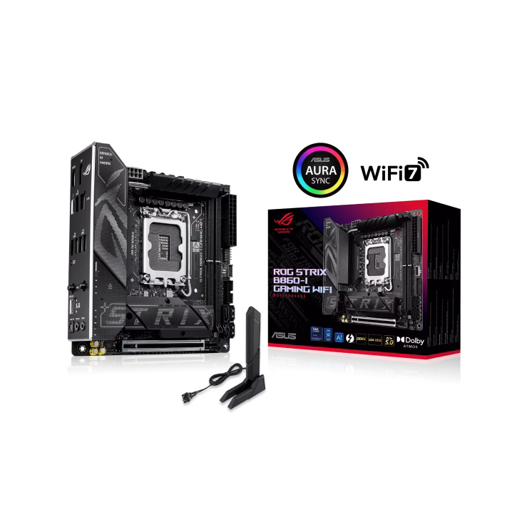 ASUS ROG STRIX B860-I GAMING WIFI DDR5 Motherboard, B860 Chipset, 2x DIMM slots, max.128GB up to 9066+MT/s (OC), Non-ECC, 2 x M.2 slots and 4 x SATA 6Gb/s ports, Wi-Fi 7 & BT v5.4, Realtek ALC1220P 7.1, Extreme Engine Digi+ | 90MB1JB0-M0EAY0 – Buy Online