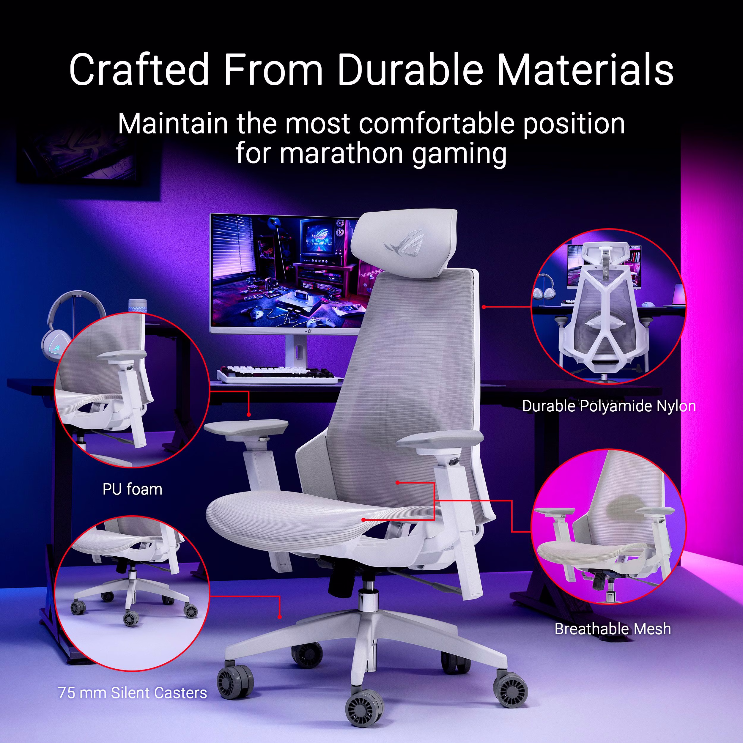 ASUS ROG SL400C Destrier Ergo Core Gaming Chair: Cyborg-inspired Design, Synchro-Tilt Mechanism, 3D adjustment with 360° rotation, 3 angles tilt with tilt lock, 4 class gas lift, Non RGB, Moonlight White | 90GC01P0-MSG060 thumbnail 6