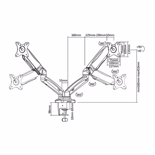 Skill Tech Dual Monitor Thin Gas Spring Dual Monitor Arm, 13" - 32" Screen Sizes, 6kg Weight Capacity, Up to 180?? Rotation, 2 Mounting Options, Spring-Assisted Mechanism, Black | SH-130C024 thumbnail 4