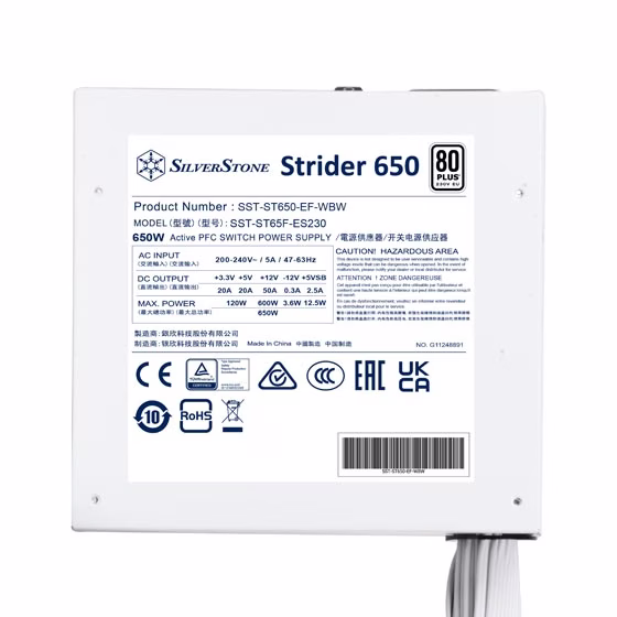 SilverStone Strider 650 Non-Modular Power Supply, 650W, 80 Plus, Active PFC, 120mm Silent Fan, Class-Leading Single +12V Rail, ATX, White | SST-ST650-EF-WBW thumbnail 6