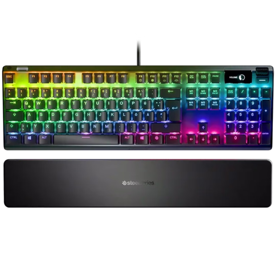 Steelseries Apex Pro Adjustable Mechanical Switch Gaming Keyboard, Magnetic Wrist Rest, OmniPoint 2.0 Adjustable HyperMagnetic switches,  20x faster actuation, 11x faster response, 2-IN-1 ACTION KEYS, USB Passthrough, OLED Smart Display, Black | US 64626 image