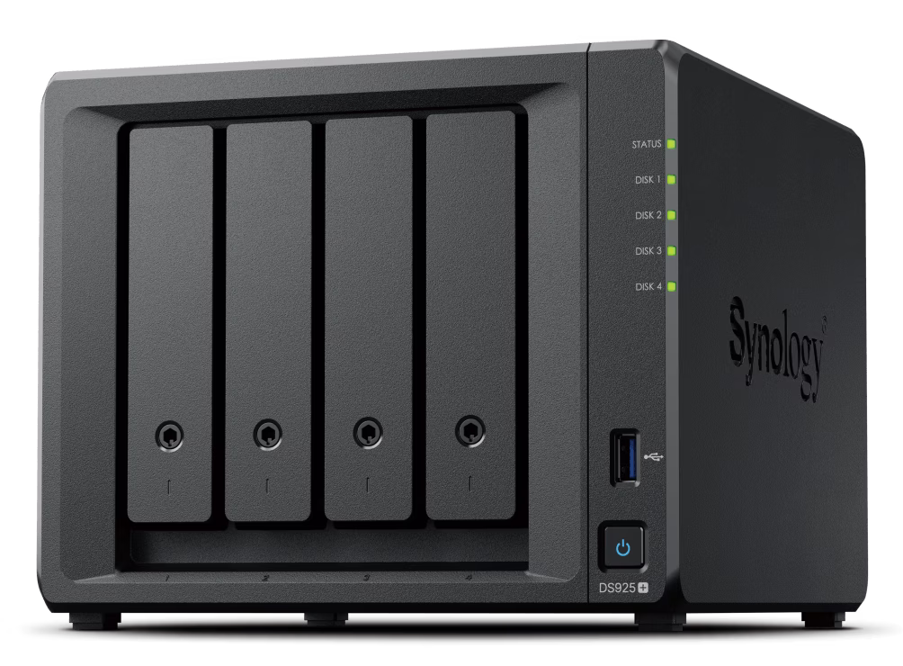 Synology DiskStation DS925+ 4-Bay NAS Enclosure, AMD Ryzen V1500B 2.2 GHz 2.2 GHz, 4GB DDR4 ECC SODIMM Upto 32 GB (16 GB x 2), 4x Drive Bays, 2x NVMe M.2 Slots, RJ-45, USB 3.2, USB Type-C – Buy Online