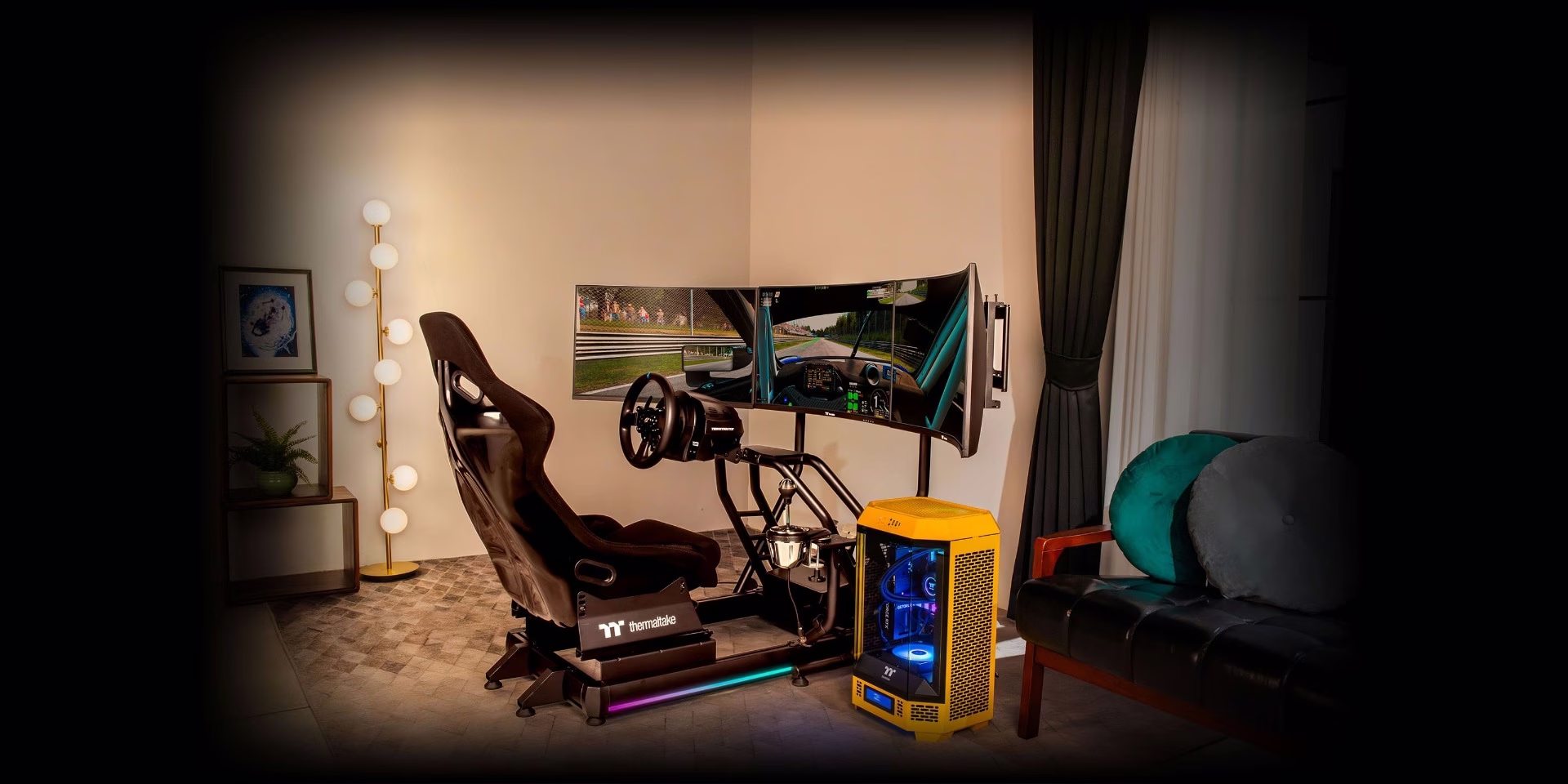 Thermaltake Triple Racing Monitor Stand, Fine Texture Black Powder Coated Steel Frame, Supports a maximum of three 32??? monitors mounting, Compatible with GR500 Racing Simulator Cockpit, load of up to 20kg x 3 (44Ibs x 3) | GEA-RMS-TMSBLK-01 thumbnail 2