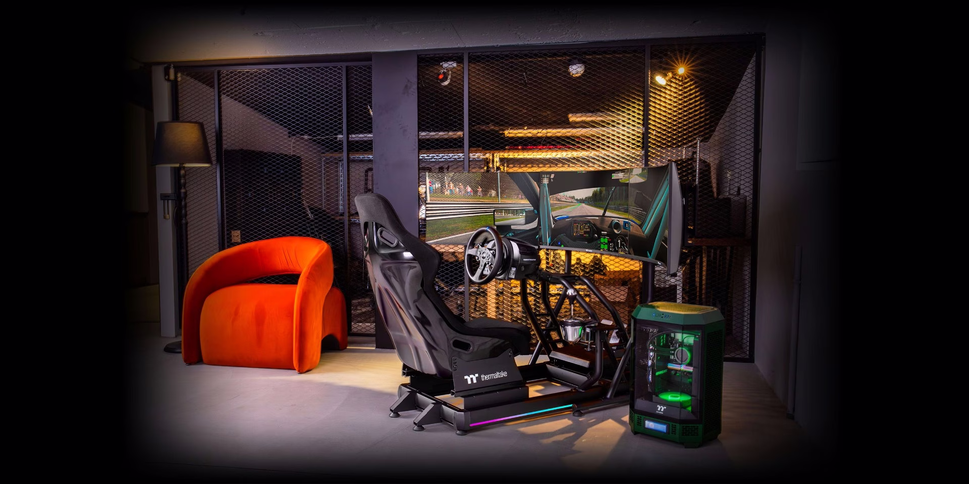 Thermaltake Triple Racing Monitor Stand, Fine Texture Black Powder Coated Steel Frame, Supports a maximum of three 32??? monitors mounting, Compatible with GR500 Racing Simulator Cockpit, load of up to 20kg x 3 (44Ibs x 3) | GEA-RMS-TMSBLK-01 thumbnail 8