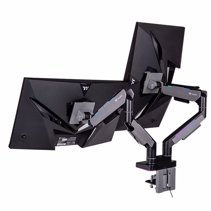 Thermaltake Dual Heavy Duty RGB Monitor Arm for up to 2 x 35 inchs SUPPORT   2 x 20kg Screen, 100 x 100 mm VESA Compatible, Wide Rage Movements, Gray | GEA-MSR-DMSBLK-01 – Buy Online