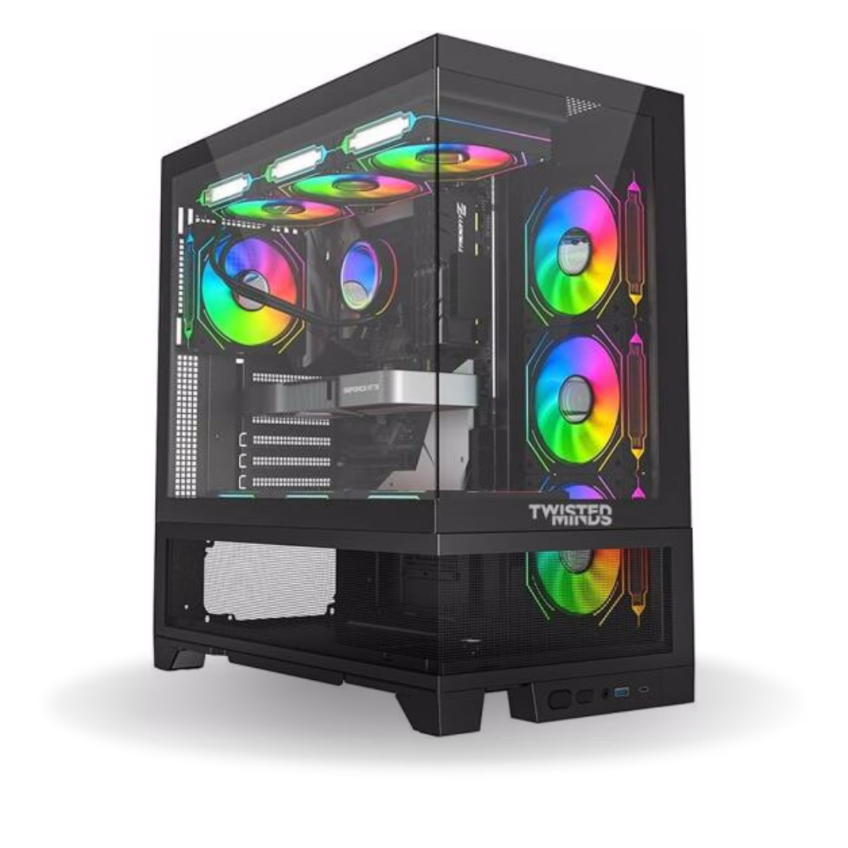 Twisted Minds Phantek-07 Mid Tower ATX Gaming PC Case, Tempered Glass Front & Side Panel + Mesh, 7x RGB Pre-installed Fans, 3.5??? HDD*3+2.5??? SSD*3 Up to 420mm AIO, USB 3.0 / Type-C*, Black | TM-245-3-B thumbnail 6