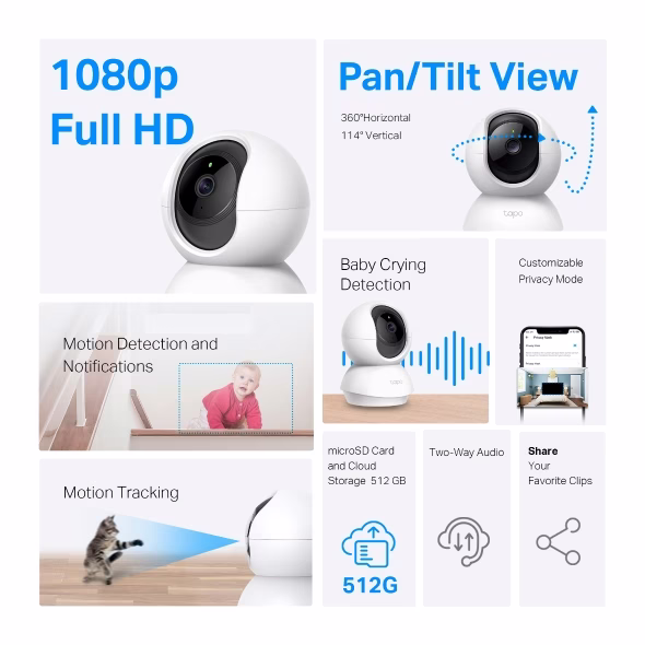 tp-link Tapo Pan/Tilt Home Security Wi-Fi Camera, 1080p high-definition video, Night Vision, built-in microphone and speaker, microSD cards up to 512GB, Privacy Mode, Voice Control, Secure Encryption, Easy Setup and Management | Tapo C200 V3.20 thumbnail 2