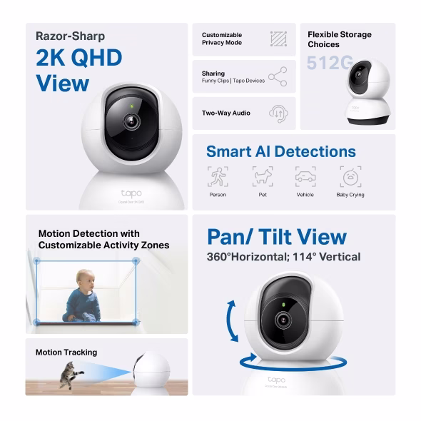 tp-link Tapo Pan/Tilt AI Home Security Wi-Fi Camera, 2K 4MP QHD, Wide Range of Movement, Enhanced Night Vision, Smart AI Detection and Notifications, Sound and Light Alarm, built-in microphone and speaker, up to 512 GB, Hands-Free Operation | Tapo C220 V1 thumbnail 2