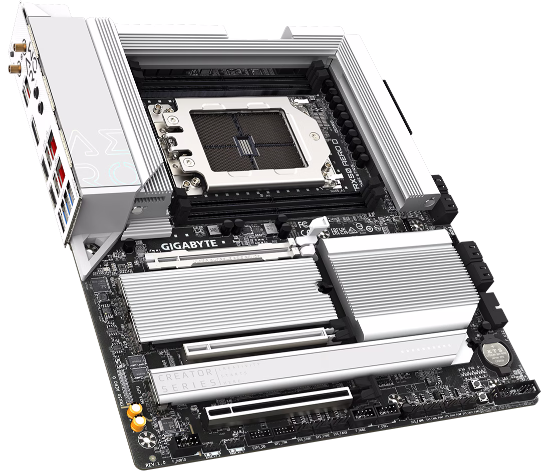 Gigabyte TRX50 AERO D sTR5 E-ATX Motherboard, AMD TRX50 Chipset, 4x DDR5 DIMM 1TB Max, PCIe 5.0 / 2x PCIe x16, 4xM.2, USB 3.2 / USB4 Type-C, Wi-Fi 7, Marvell 10GbE, White | TRX50 AERO D – Buy Online