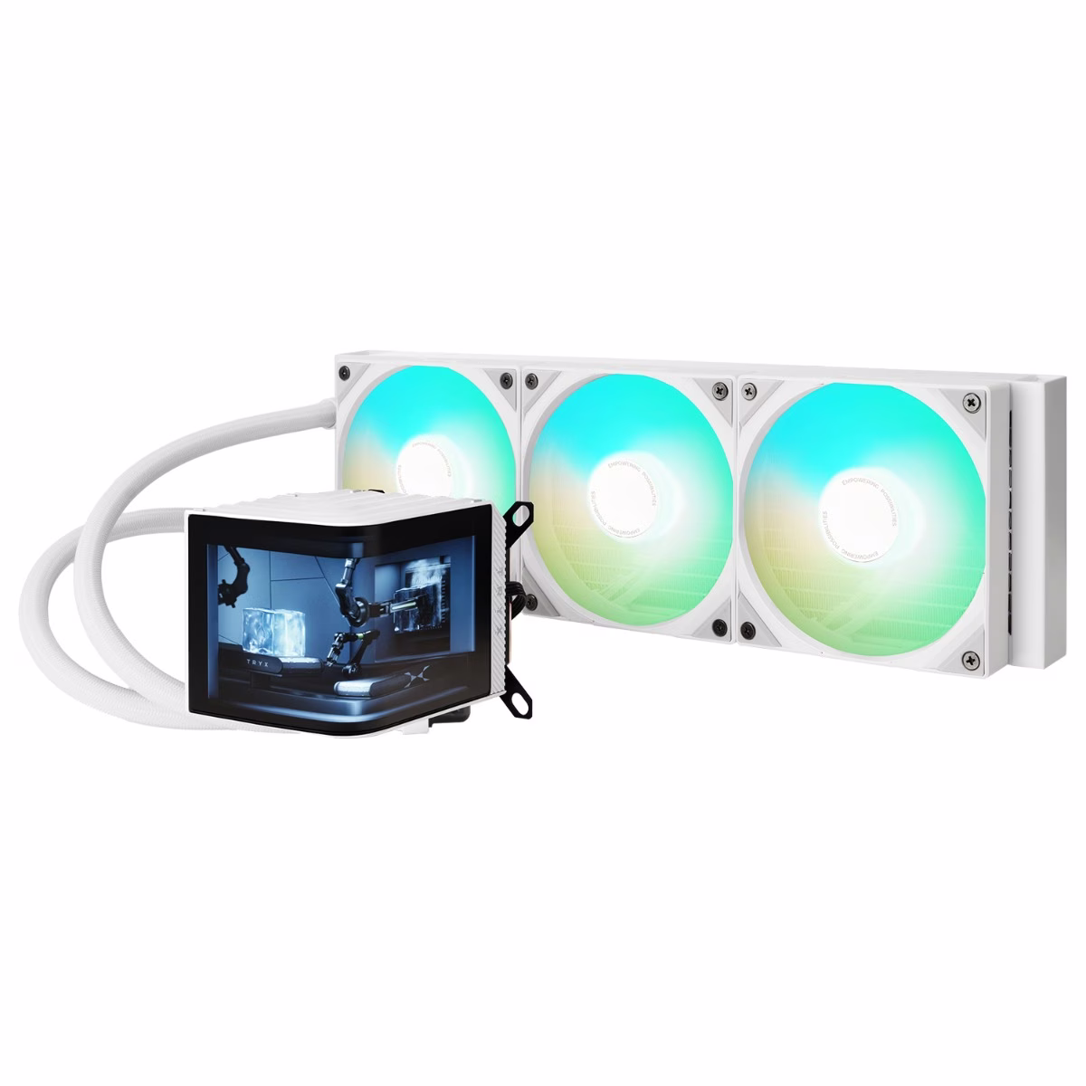 TRYX PANORAMA ARGB 360 White L-shaped AMOLED Screen Liquid Cooler, 6.5 Inch 2K 60 Hz Display, Adjustable Fan Speed | L-P360A-AS3M-G0W – Buy Online