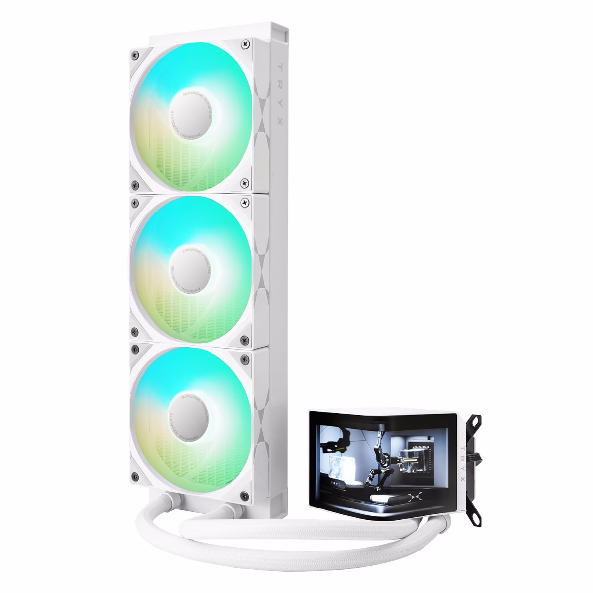 TRYX PANORAMA ARGB 360 White L-shaped AMOLED Screen Liquid Cooler, 6.5 Inch 2K 60 Hz Display, Adjustable Fan Speed | L-P360A-AS3M-G0W thumbnail 2