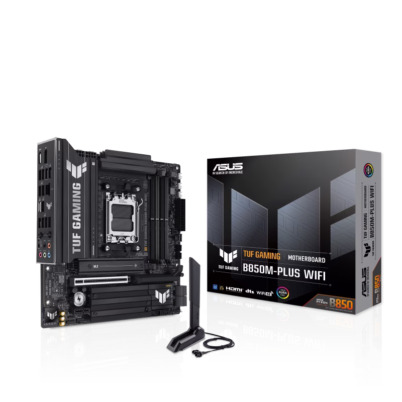 ASUS TUF Gaming B850M-PLUS WiFi AMD AM5 B850 mATX Motherboard, 14+2+1 80A DrMOS Stages, DDR5, PCIe 5.0, 3X M.2, Wi-Fi 6E, 2.5Gb LAN, DP, HDMI, USB 10Gbps & 20Gbps Type-C, BIOS Flashback, Aura Sync | 90MB1IY0-M0EAY0 – Buy Online