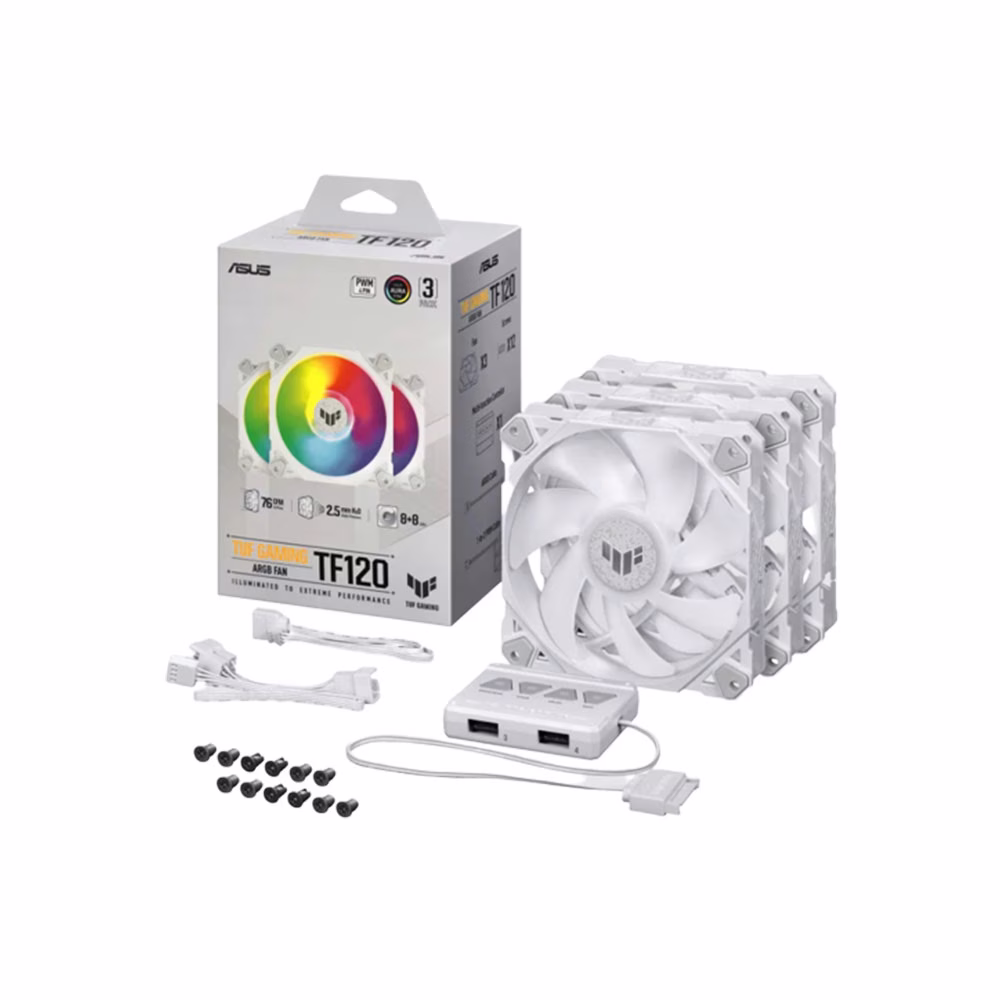 ASUS  TUF Gaming TF120 ARGB Fan - Triple Fan Kit with ARGB Controller, 120mm, 1900 rpm, Advanced FDB, 76 CFM,  AURA Sync,  White | 90DA0033-B09030 thumbnail 3