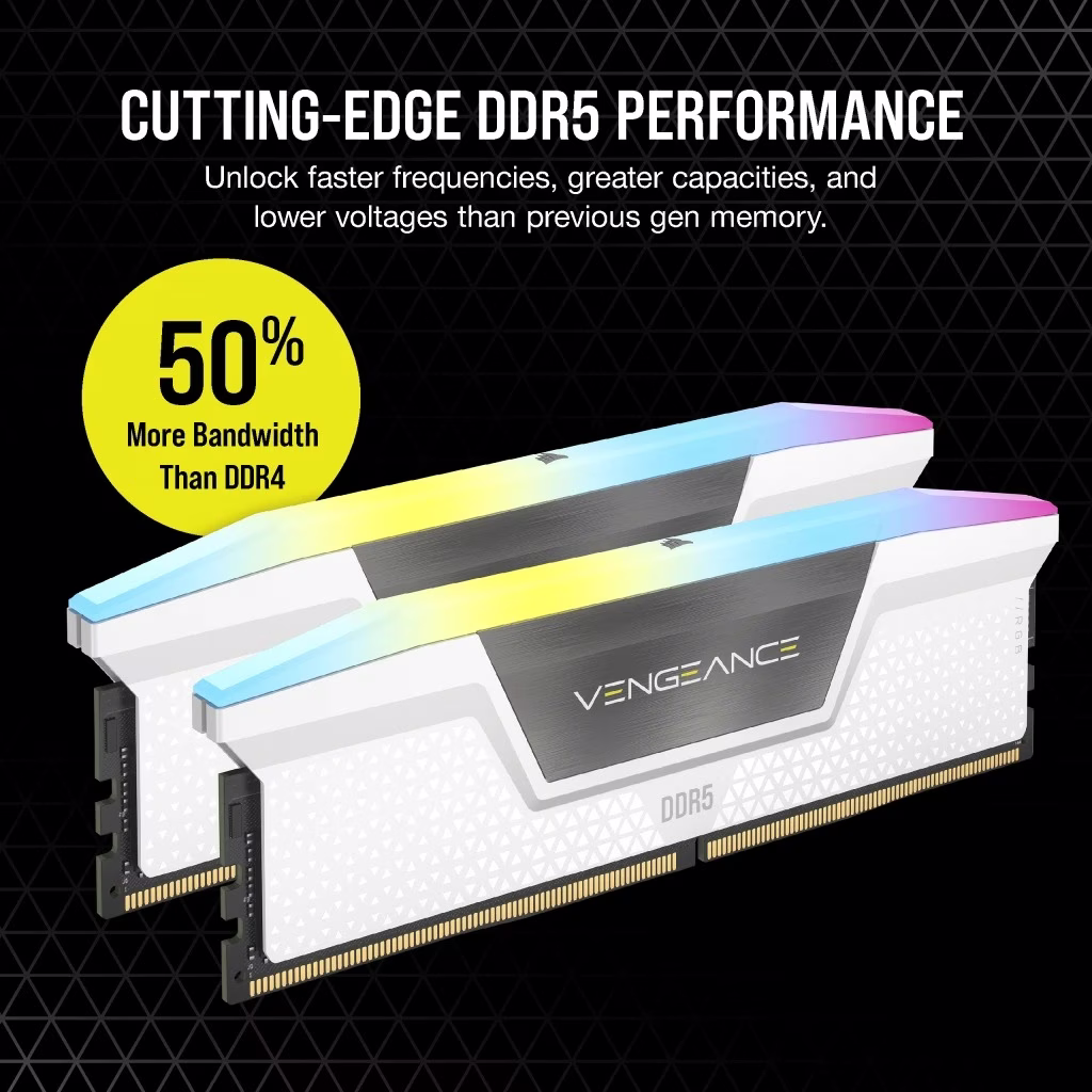 Corsair VENGEANCE RGB 32GB (2x16GB) DDR5 DRAM 6200MHz C36 Memory Kit, White | CMH32GX5M2B6200C36W thumbnail 2