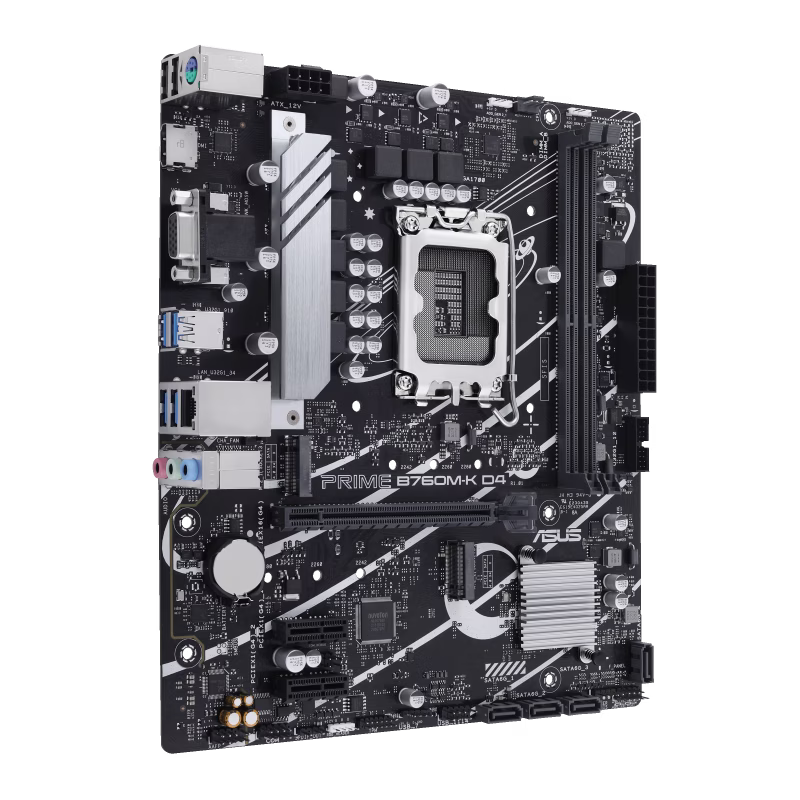 ASUS Prime B760M-K D4, an Intel B760 LGA 1700 mATX motherboard with PCIe 4.0, two PCIe 4.0 M.2 slots, DDR4, Realtek 2.5Gb Ethernet, VGA, HDMI, SATA 6 Gbps, front USB 3.2 Gen 1, Aura Sync| 90MB1DS0-M0EAY0 – Buy Online
