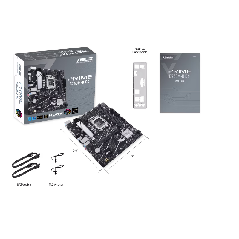 ASUS Prime B760M-K D4, an Intel B760 LGA 1700 mATX motherboard with PCIe 4.0, two PCIe 4.0 M.2 slots, DDR4, Realtek 2.5Gb Ethernet, VGA, HDMI, SATA 6 Gbps, front USB 3.2 Gen 1, Aura Sync| 90MB1DS0-M0EAY0 thumbnail 6