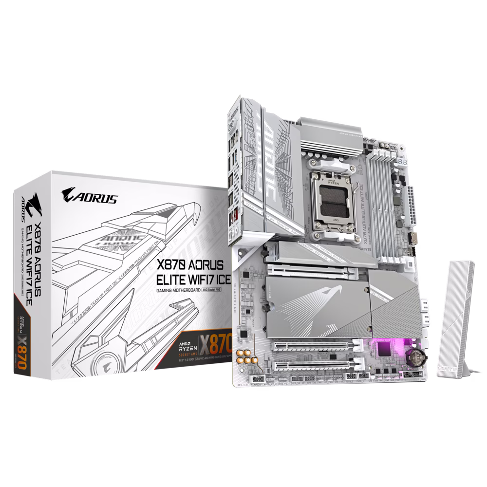 GIGABYTE X870 A Elite WIFI7 Ice Motherboard - Supports AMD Ryzen 9000 CPUs, Digital 16+2+2 Phase VRM, up to 8000MHz DDR5 (OC), 3xPCIe 5.0, Wi-Fi 7, 2.5GbE LAN, USB 4 | X870 A ELITE WF7 ICE image