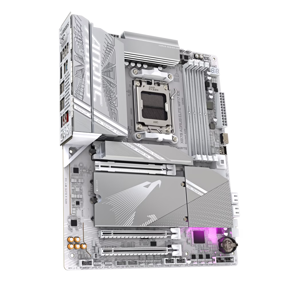 GIGABYTE X870 A Elite WIFI7 Ice Motherboard - Supports AMD Ryzen 9000 CPUs, Digital 16+2+2 Phase VRM, up to 8000MHz DDR5 (OC), 3xPCIe 5.0, Wi-Fi 7, 2.5GbE LAN, USB 4 | X870 A ELITE WF7 ICE thumbnail 3