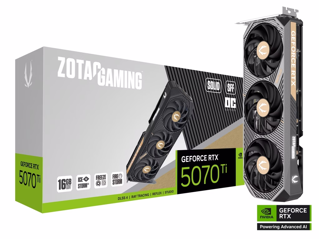 ZOTAC GAMING GeForce RTX 5070 Ti SOLID SFF OC Graphics card, 16GB GDDR7, 256-bit 28 Gbps, 2482 MHz Engine Clock, NVIDIA Blackwell architecture and DLSS 4  | ZT-B50710J3-10P – Buy Online
