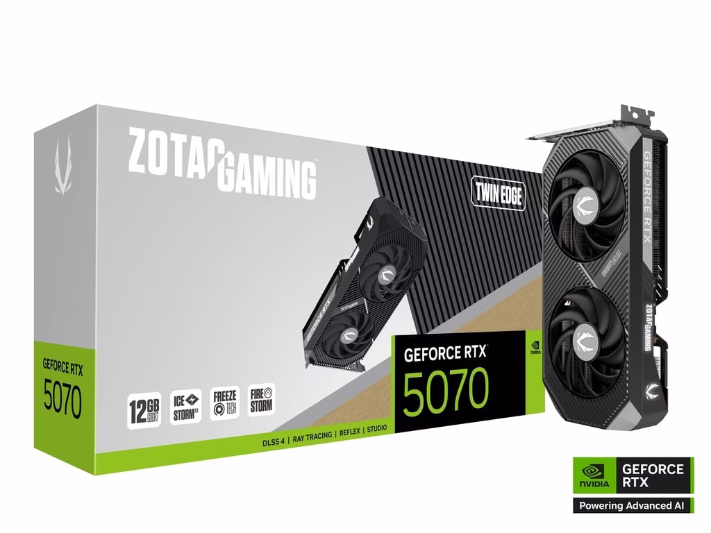 ZOTAC GAMING GeForce RTX 5070 Twin Edge Graphic card, 12GB GDDR7, 192-bit 28 Gbps, 6144 CUDA Cores, 2512 MHz Engine Clock, NVIDIA Blackwell architecture and DLSS 4 | ZT-B50700E-10P – Buy Online