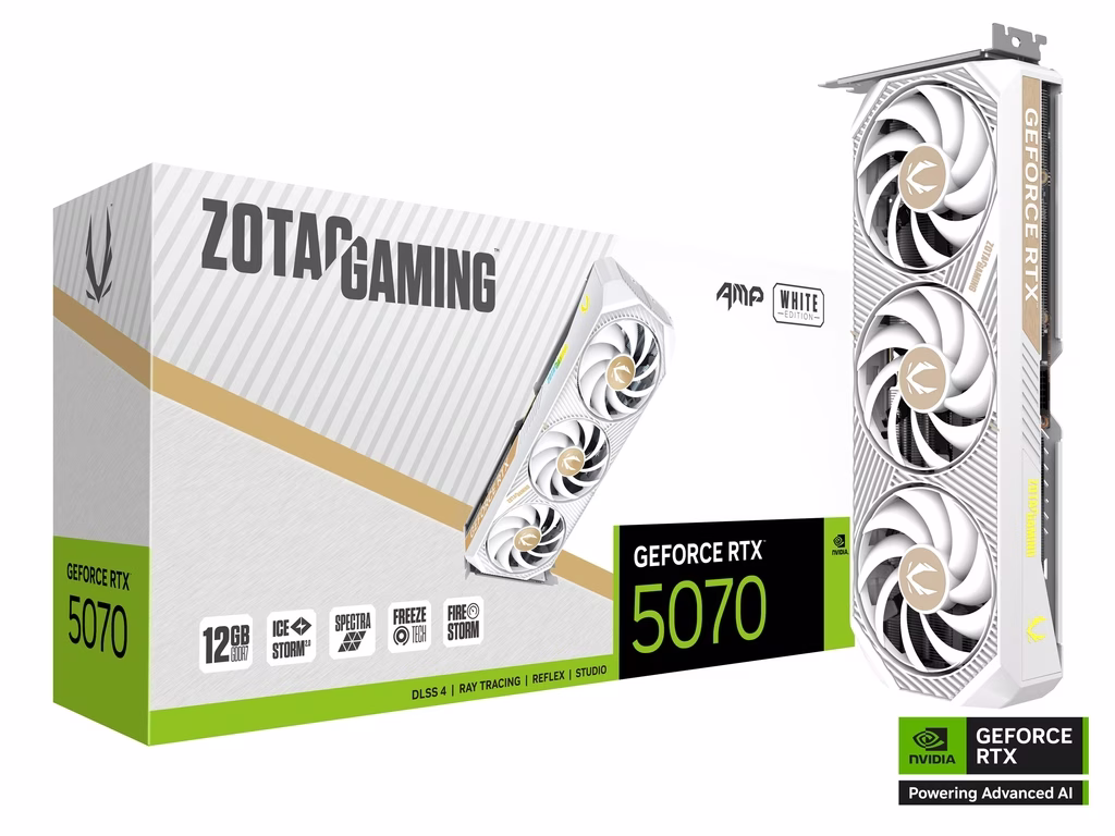 ZOTAC GAMING NVIDIA GeForce RTX 5070 AMP White Edition Graphics Card, 12GB GDDR7, 192-bit 28 Gbps, 6144 CUDA cores, 2587 MHz Engine Clock, SFF-Ready, SPECTRA RGB Lighting, Quad Display Capability, SFF-Ready | ZT-B50700FQ-10P image