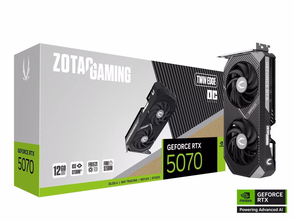 ZOTAC GAMING GeForce RTX 5070 Twin Edge OC Graphic card, 12GB GDDR7, 192-bit 28 Gbps, 6144 CUDA cores, Extreme Clock 2542 MHz, PCI Express 5.0 x16  | ZT-B50700H-10P – Buy Online
