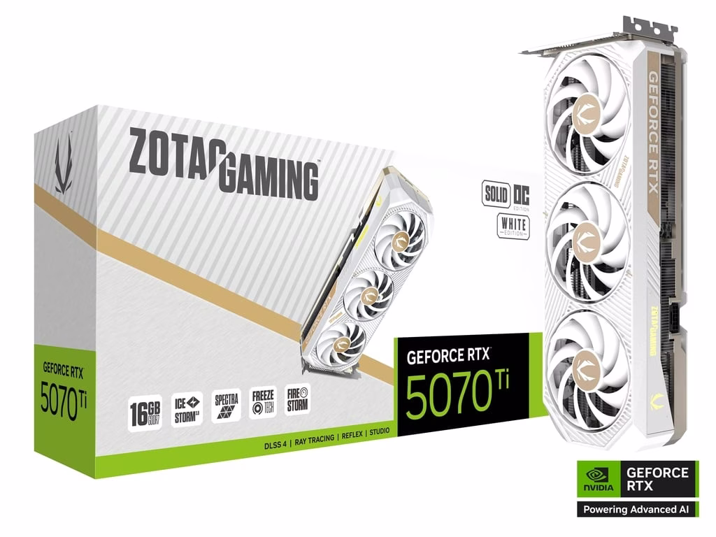 ZOTAC GAMING GeForce RTX 5070 Ti SOLID CORE OC White Edition Graphic card, 16GB GDDR7, 256-bit 28 Gbps, 8960 CUDA cores, 2482 MHz Engine Clock, NVIDIA Blackwell architecture and DLSS 4  | ZT-B50710Q2-10P – Buy Online