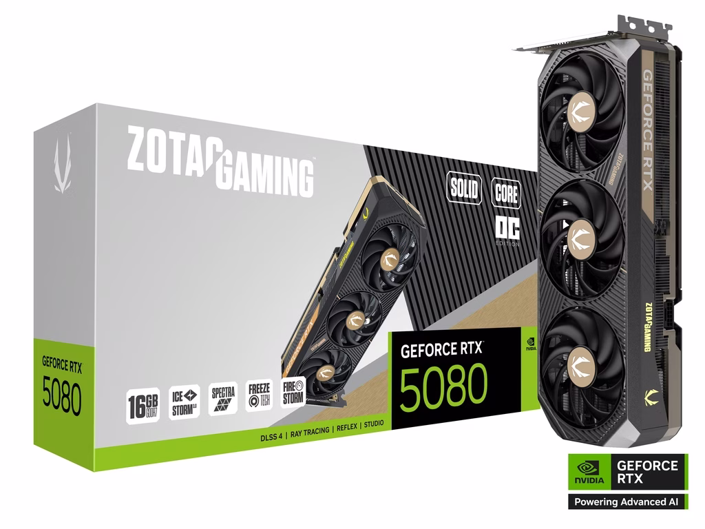 ZOTAC GAMING NVIDIA GeForce RTX 5080 SOLID CORE OC Graphics card, 16GB GDDR7, 30 Gbps, 256-bit, 10752 CUDA cores, 2640 MHz Engine Clock, Blackwell architecture and DLSS 4, Quad Display Capability | ZT-B50800J2-10P – Buy Online