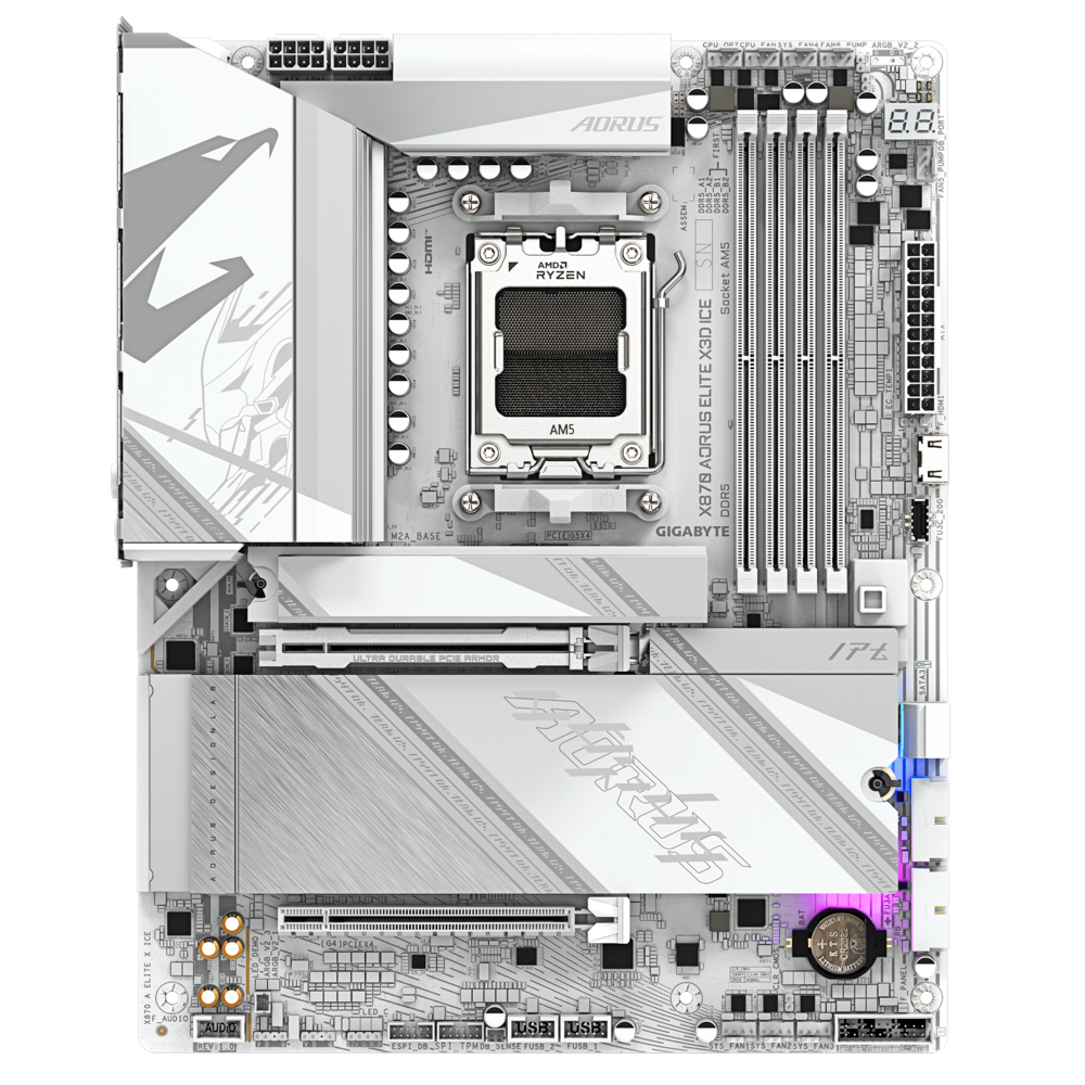 Gigabyte GIGABYTE X870 AORUS ELITE X3D ICE AM5 ATX Motherboard, AMD X870 Chipset, 4x DDR5 DIMM Slot, 256GB Max Memory, 4x M.2 Slots, 1x PCIe 5.0 x16, White | 9MX87ETXE-00-G10 - thumbnail 2
