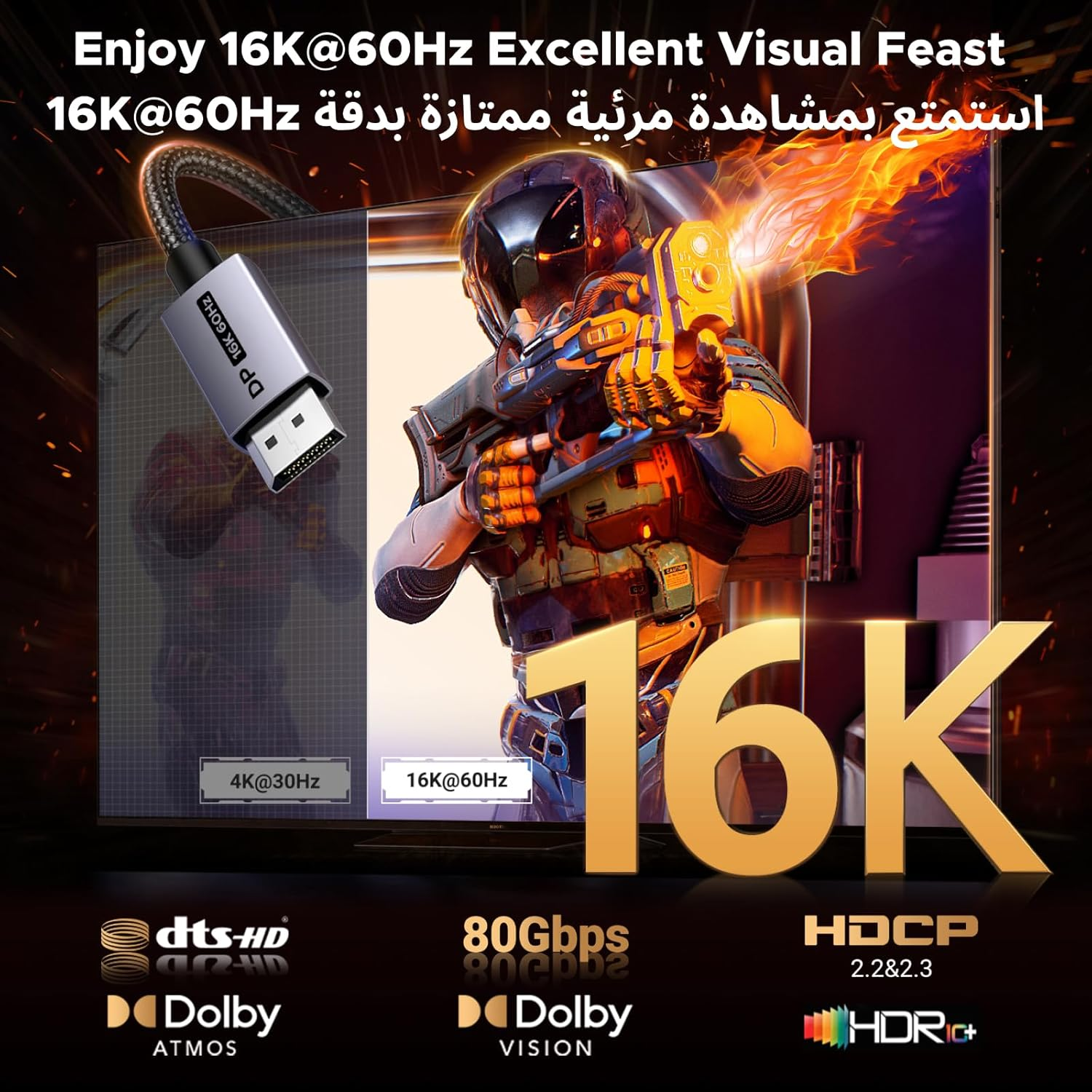 UGREEN UGREEN 16K Displayport Cable 2M, DP 2.1 Cable Support 16K@60Hz, 8K@120Hz, 4K@240Hz 80Gbps HDR, Displayport 2.1 Nylon Braided Cable Compatible with Monitor, Laptop, Graphics, PC, TV etc - thumbnail 9