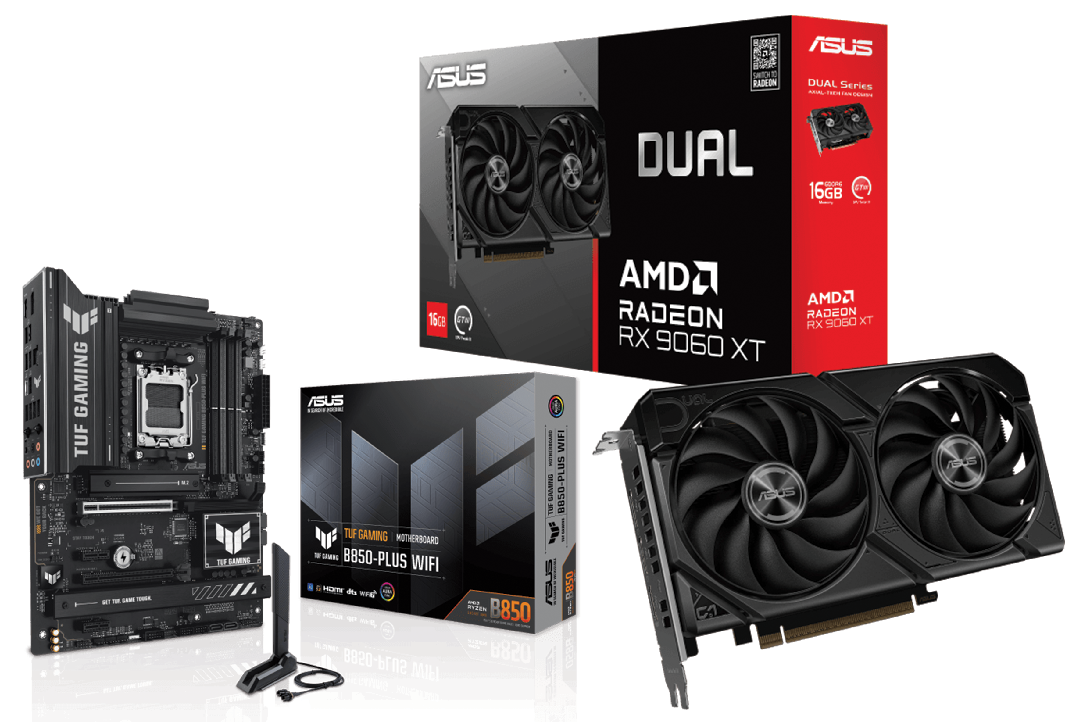 ASUS DUAL AMD Radeon RX 9060 XT 16GB GT III 2 Fan Black Graphics Card, ASUS TUF Gaming B850-PLUS WIFI DDR5 AM5 Motherboard, PC Upgrade Bundle, Black – Buy Online