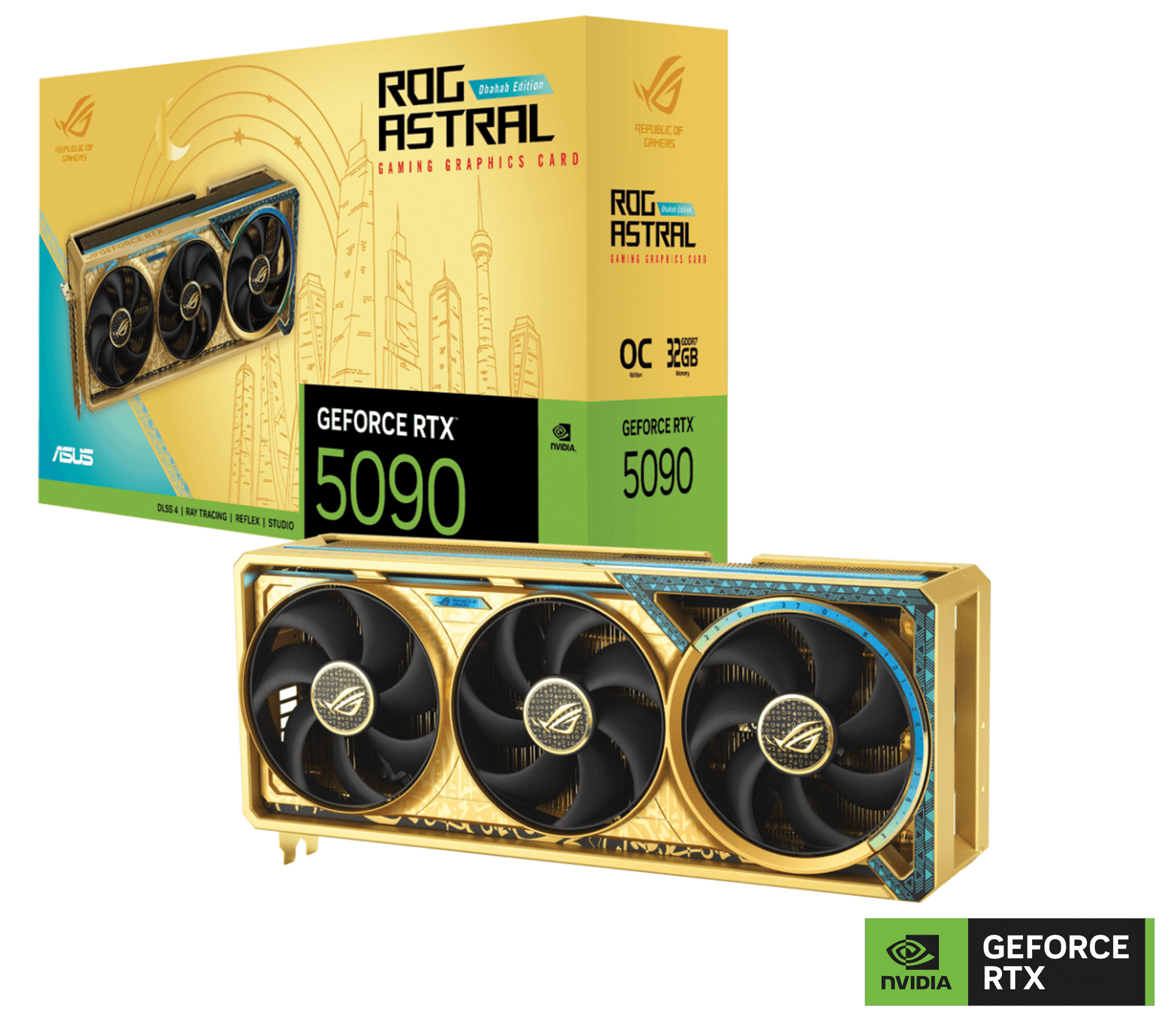 ASUS ROG Astral GeForce RTX 5090 Dhahab OC Edition Graphic card, 32GB GDDR7, 28 Gbps 512-bit, 21760 CUDA Core, 2610 MHz OC Clock, PCI E 5.0, DLSS 4, 6.5g of 999 fineness gold | 90YV0LW6-M0NM00 – Buy Online