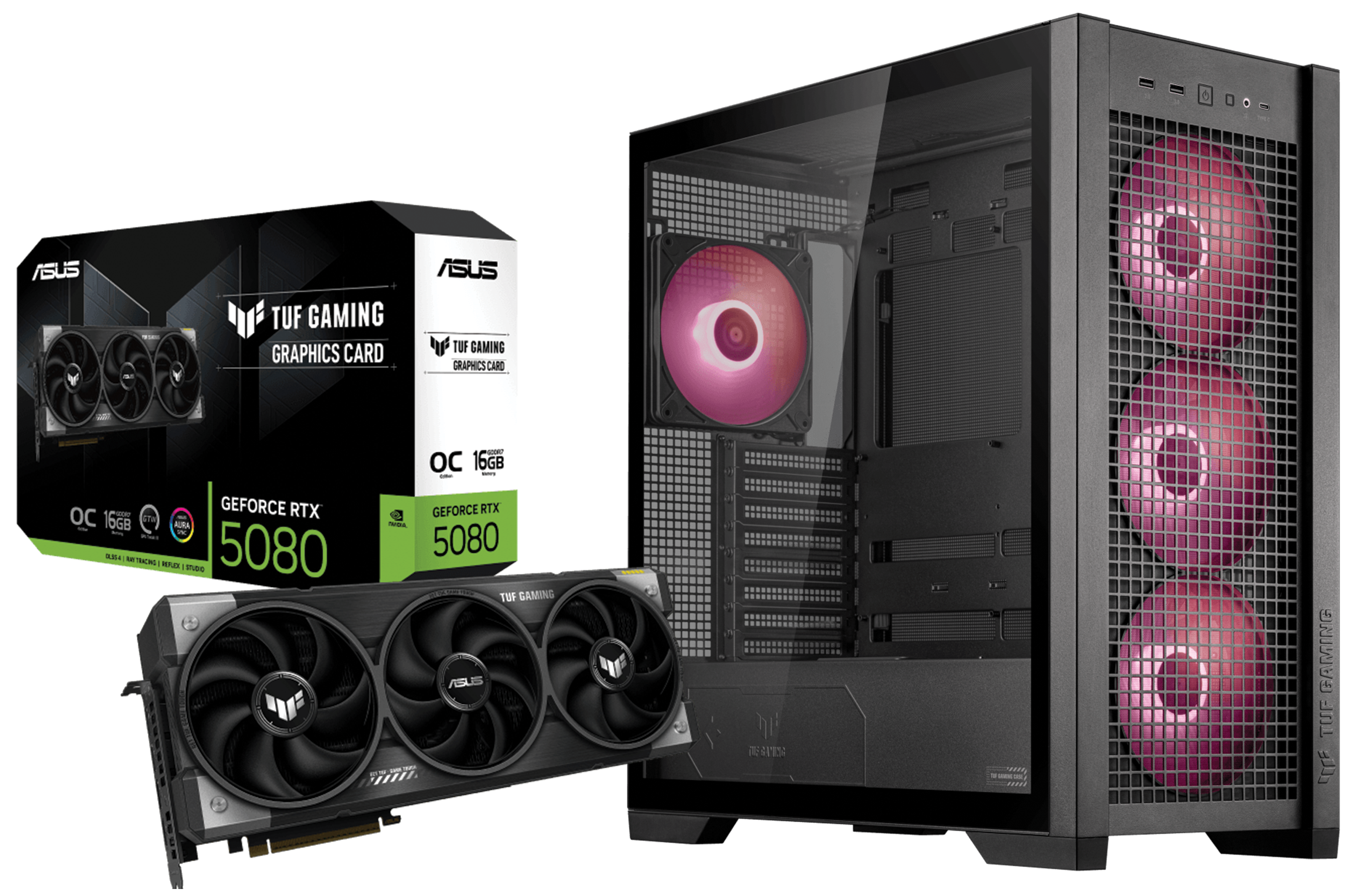 ASUS TUF Gaming RTX 5080 16GB OC Edition GDDR7 Graphics Card, ASUS TUF Gaming GT302 ARGB Mid-Tower Black Case, 4x 140mm Fans – Buy Online