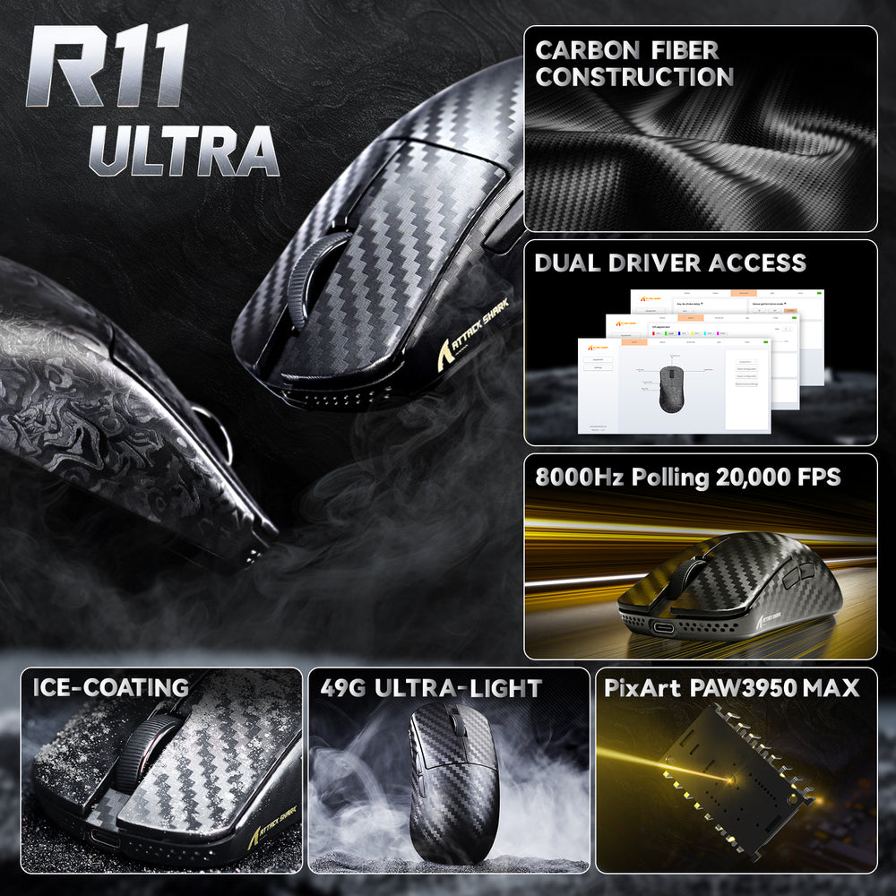 ATTACK SHARK R11 Ultra Carbon Fiber Wireless Gaming Mouse, 49g Superlight, 8K Polling Rate, PAW3950MAX Sensor, & Nano-Metal Ice Coating, Black | R11 thumbnail 5