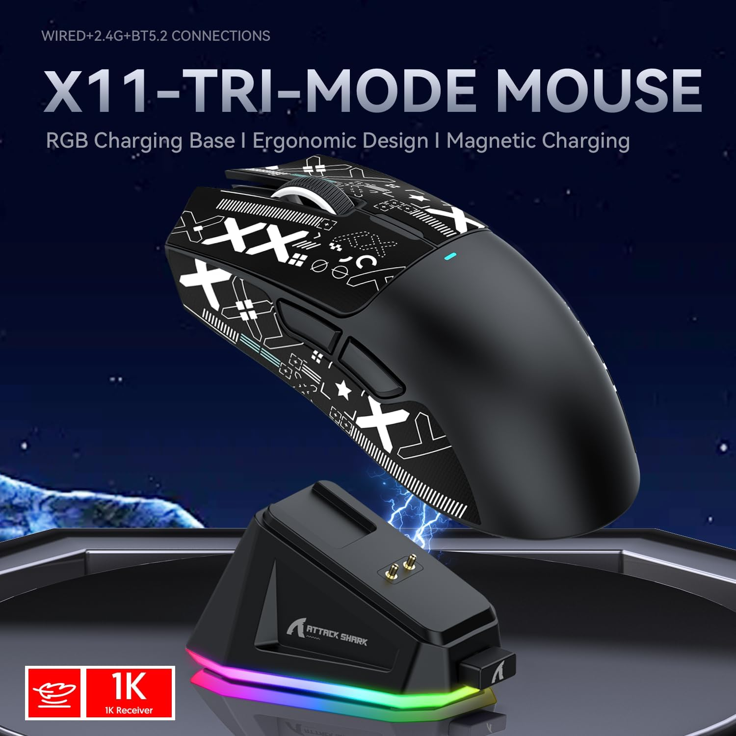 ATTACK SHARK X11 Wireless Gaming Mouse with Magnetic Charging Dock, 63g Ultra-Lightweight, PixArt PAW3311 Sensor, & Tri-Mode Connectivity, Black | X11 thumbnail 5