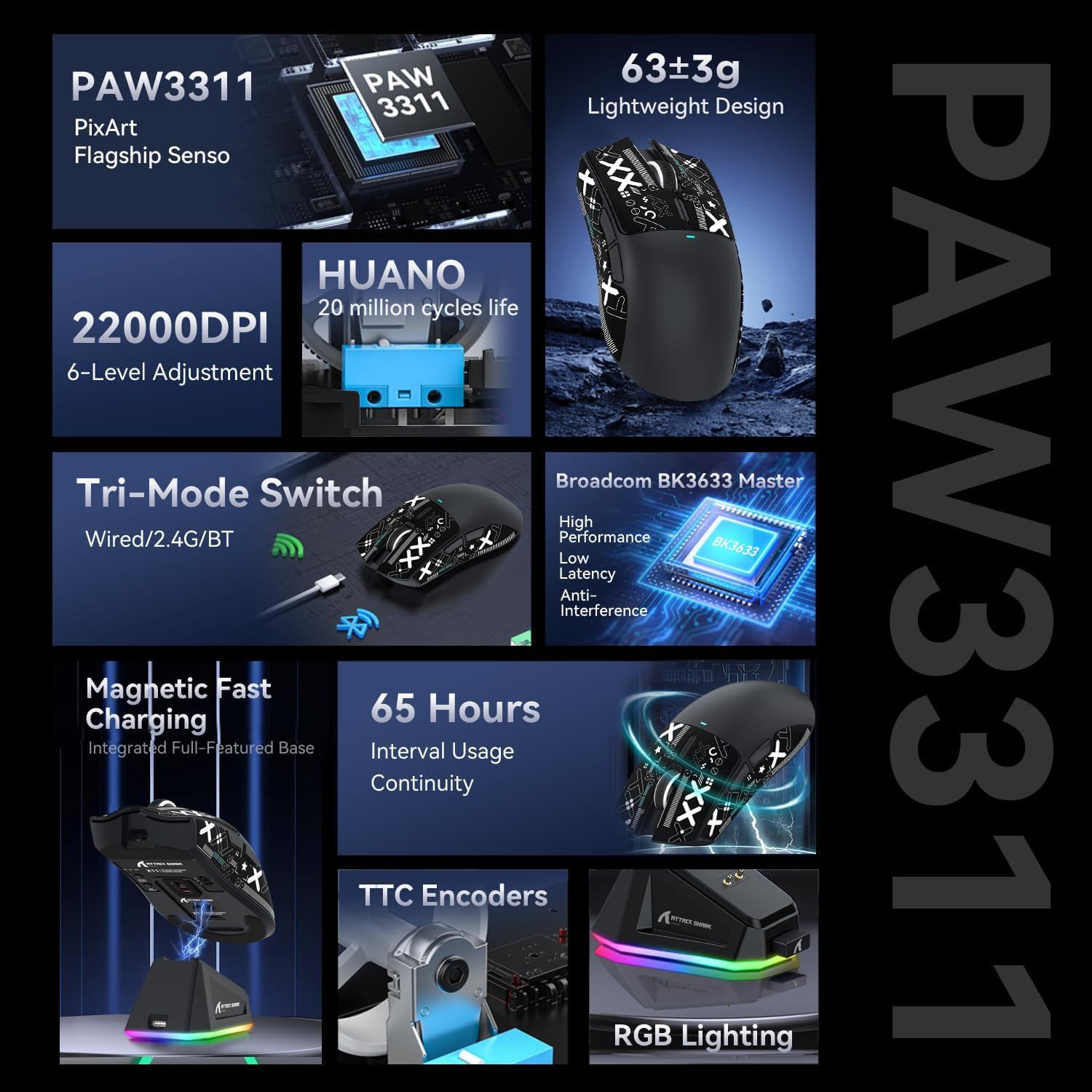 ATTACK SHARK X11 Wireless Gaming Mouse with Magnetic Charging Dock, 63g Ultra-Lightweight, PixArt PAW3311 Sensor, & Tri-Mode Connectivity, Black | X11 thumbnail 4