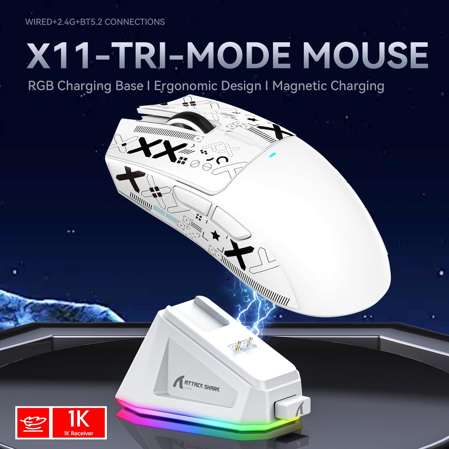 ATTACK SHARK X11 Wireless Gaming Mouse with Charging Dock, 63g Ultra-Lightweight, PixArt PAW3311 Sensor, & Tri-Mode Connectivity, White | X11 thumbnail 6