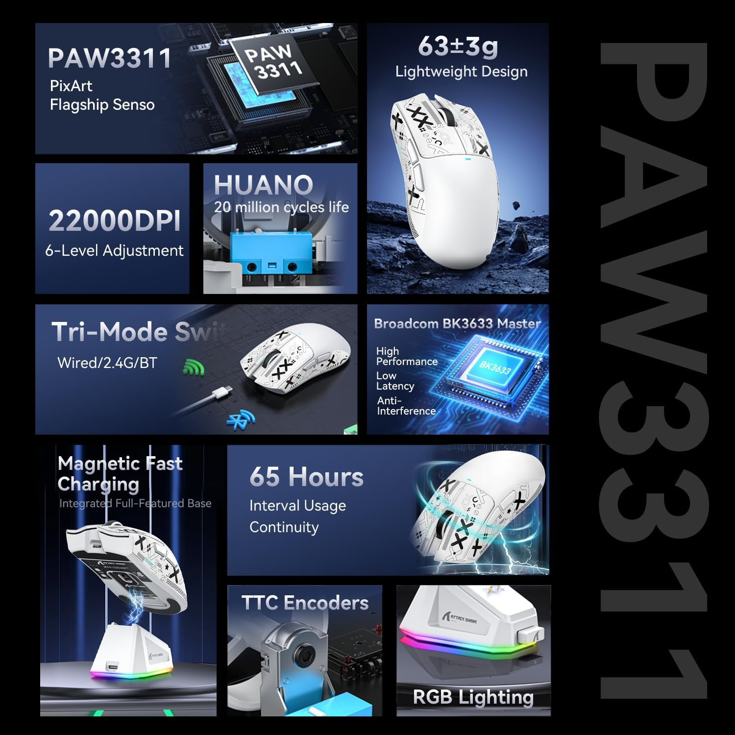 ATTACK SHARK X11 Wireless Gaming Mouse with Charging Dock, 63g Ultra-Lightweight, PixArt PAW3311 Sensor, & Tri-Mode Connectivity, White | X11 thumbnail 4