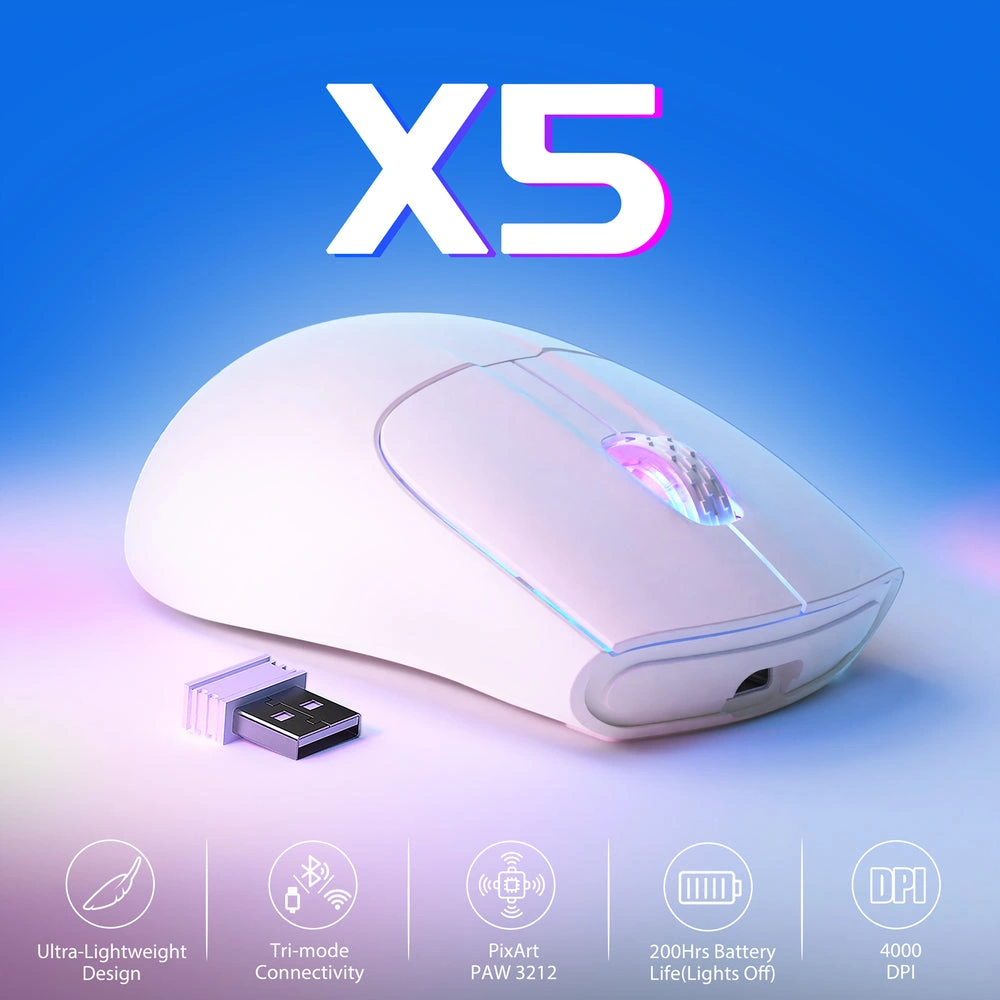 ATTACK SHARK X5 Wireless White RGB Weightless Gaming Mouse,49g Featherweight Design, Tri-Mode (BT/2.4G/Wired), RGB, White | X5 thumbnail 2