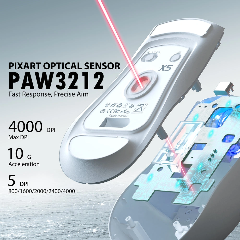 ATTACK SHARK X5 Wireless White RGB Weightless Gaming Mouse,49g Featherweight Design, Tri-Mode (BT/2.4G/Wired), RGB, White | X5 thumbnail 5