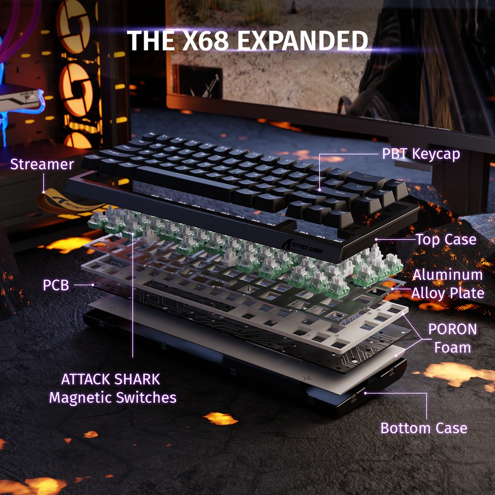 ATTACK SHARK X68 HE Magnetic Switch Gaming Keyboard, 66 Keys Compact Layout, 8000Hz Polling Rate, 0.01mm Rapid Trigger, Tri-Mode RGB, Black | X68 HE thumbnail 3