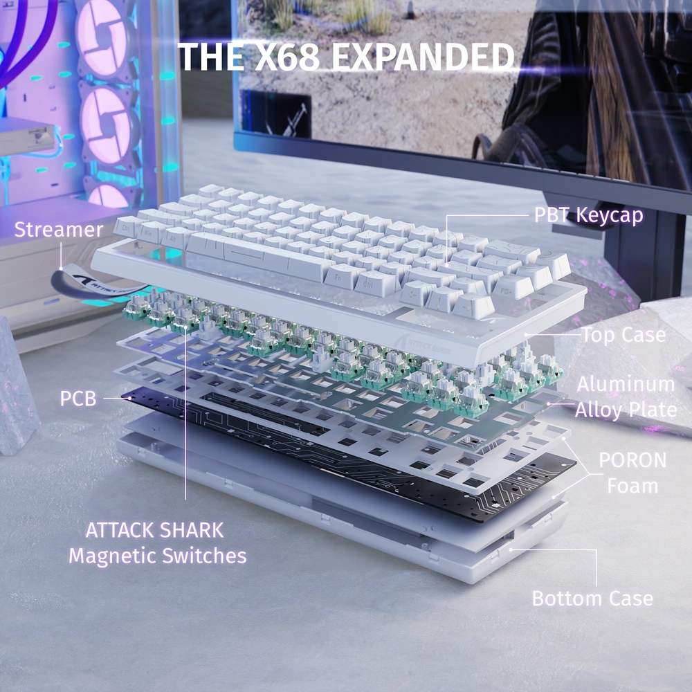 ATTACK SHARK X68 HE Magnetic Switch Gaming Keyboard, 66 Keys Compact Layout, 8000Hz Polling Rate, 0.01mm Rapid Trigger, Tri-Mode RGB, White Contour Line | X68 HE thumbnail 3