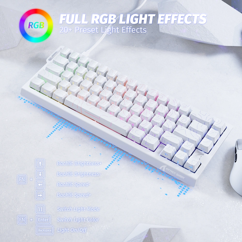 ATTACK SHARK X68 HE Magnetic Switch Gaming Keyboard, 66 Keys Compact Layout, 8000Hz Polling Rate, 0.01mm Rapid Trigger, Tri-Mode RGB, White Contour Line | X68 HE thumbnail 2