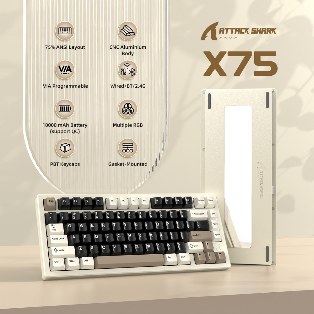 ATTACK SHARK X75 Full Aluminum Wireless Mechanical Keyboard, 75% CNC Aluminum, Kailh Cheese White Switches, & 10000mAh Battery, White | X75 thumbnail 2