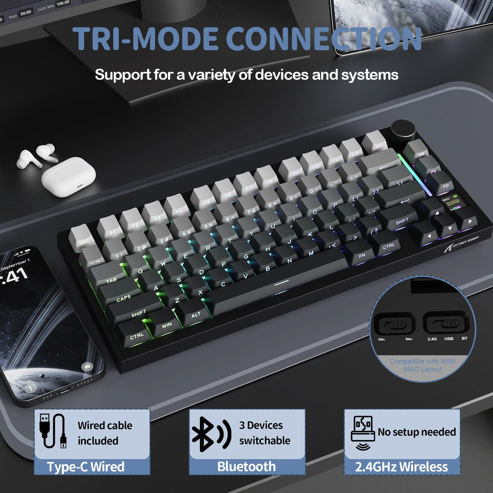 ATTACK SHARK X820 Ultra RGB Tri-Mode Gasket MOON LIGHT Mechanical Keyboard, 75% Compact Layout, Smart Display & Knob, Gift Switches, Hot-Swappable | X820 Ultra thumbnail 2