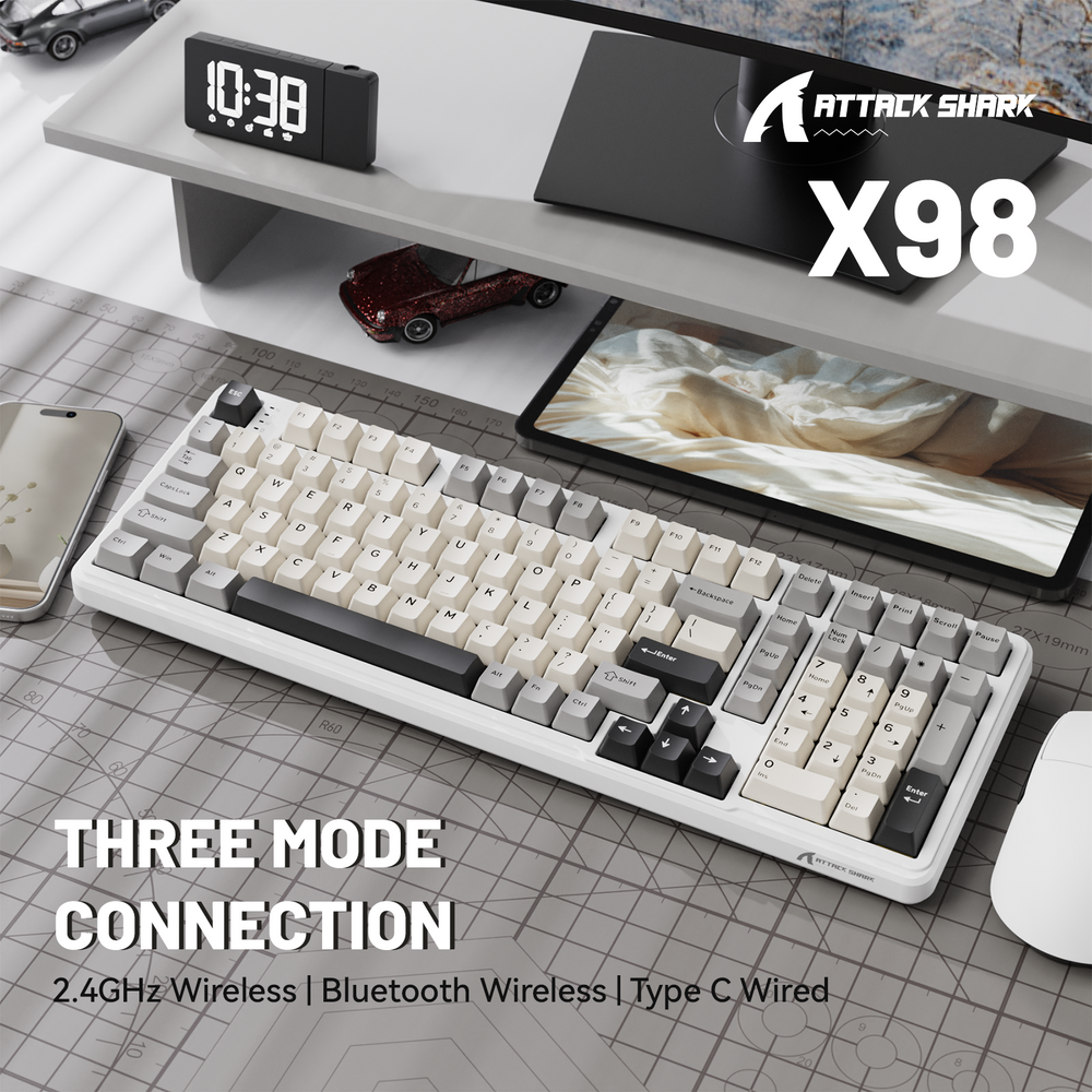 ATTACK SHARK X98 Wireless Mechanical Keyboard – 102-Key Full-Size Layout, Gasket-Mount, Tri-mode, Pre-Lubed Strawberry Switches, White | X98 thumbnail 3