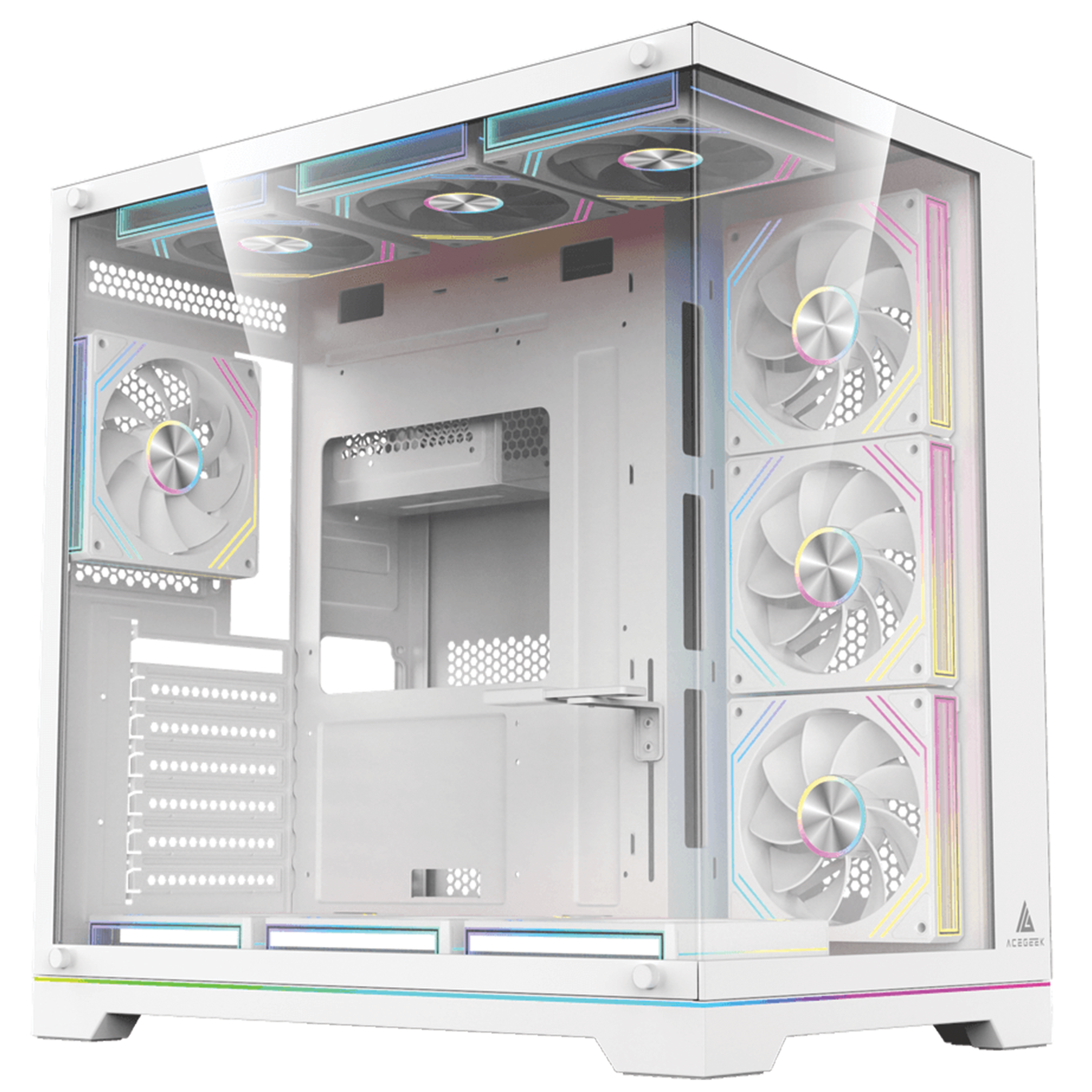 Acegeek Mercury R425X RGB Edition White ATX Gaming Case, Panoramic Dual-Chamber, Type-C, 7 Pre-Installed RGB Fans | AG-MERCURY-R425X RGB-WH image