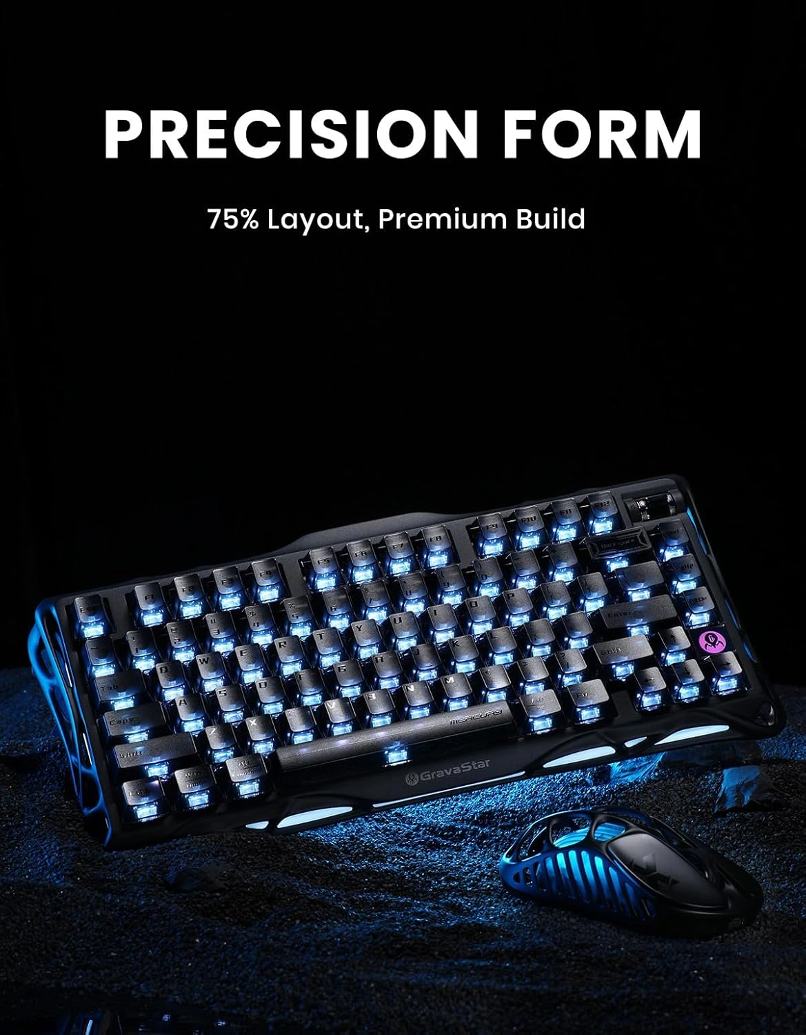 GravaStar K1 Mercury 75% Wireless Mechanical Gaming Keyboard, Crystal Black | GSK1_XTAL_BLK thumbnail 4
